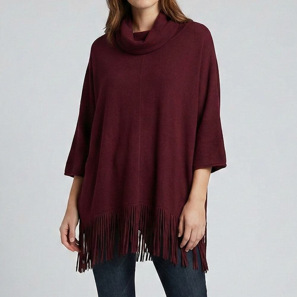Terre Bleue Womens Medium Pull Over Cowl Neck Fringe Sweater Burgundy Red